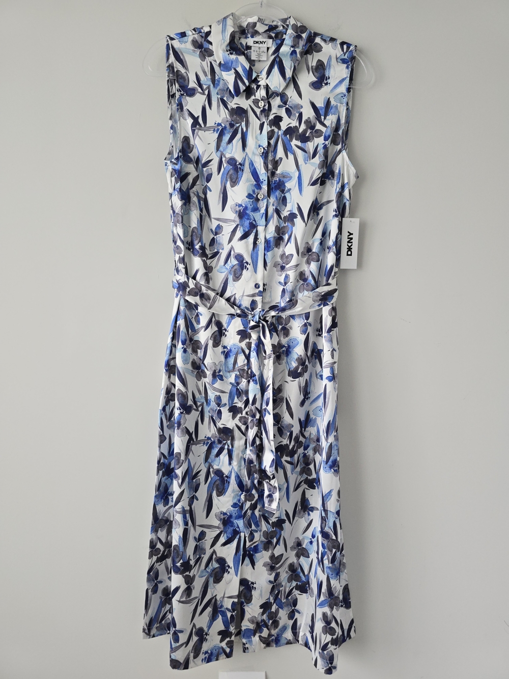 Dkny Sleeveless Floral Chiffon Midi Shirtdress 12 Blue NWT